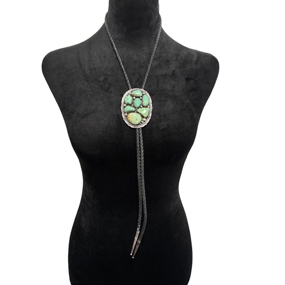 Sterling Silver Turquoise Bolo Tie Mens OS Green Southwestern Signed MT